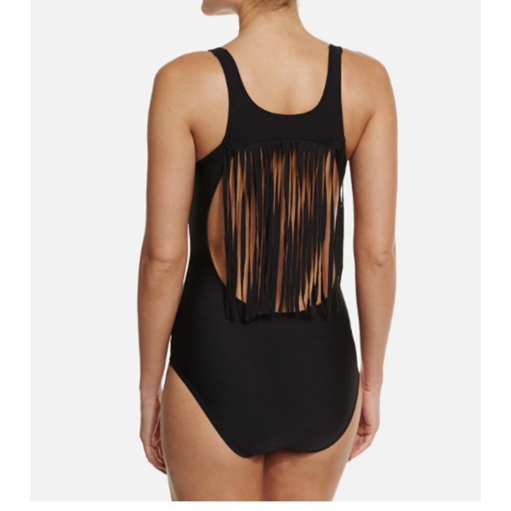 Luxe by Lisa Vogel Fringe Back Swimsuit Black Size 6